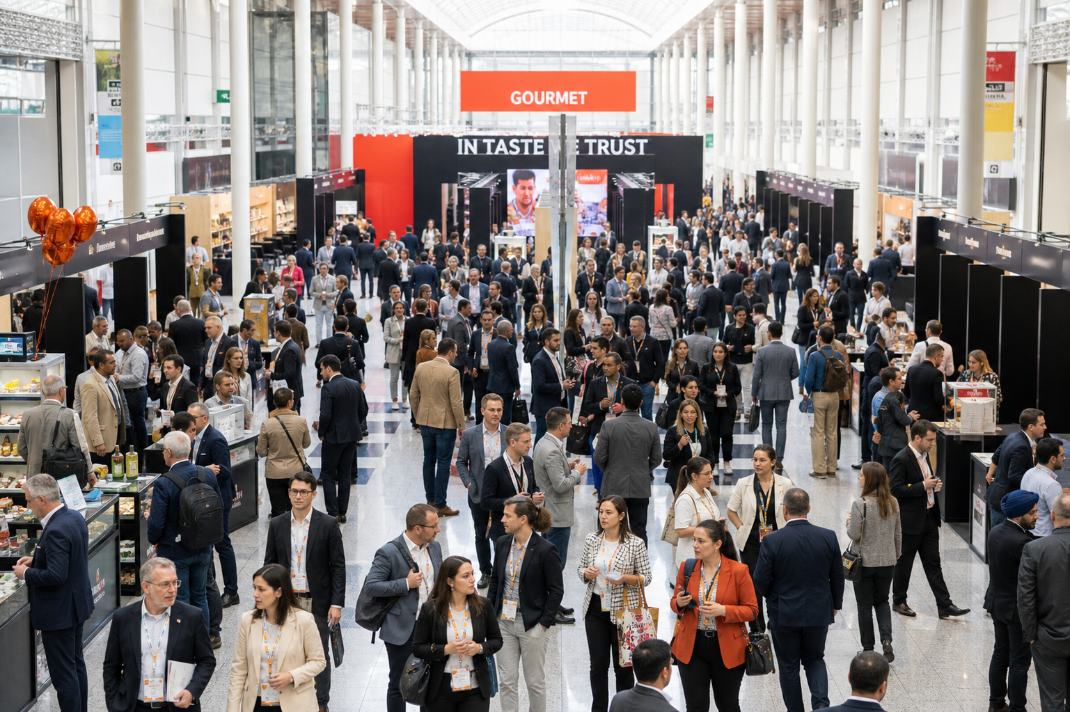 Busy international Food and Beverage trade fair with exhibitors and visitors